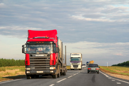 Tatarstan, Russia - August 27, 2011: Semi-trailer truck Scania R380 at the interurban road.のeditorial素材