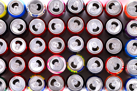 Bunch of different empty soda aluminium cansのeditorial素材