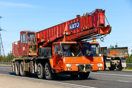 Novyy Urengoy, Russia - July 21, 2018: Heavy mobile crane Kato NK-500MS at the interurban road.