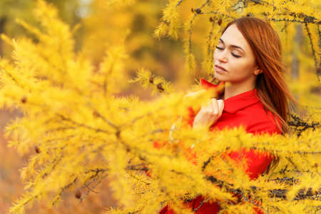 Pretty young woman in an autumn forestの写真素材