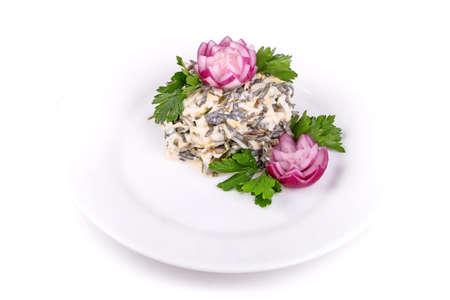 Salad of gherkins, eggs and onions isolated over whiteの写真素材