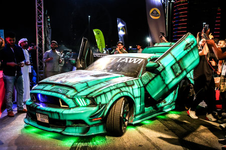 Dubai, UAE - November 15, 2018: Muscle car Ford Mustang takes part in the annual Gulf Car Festival.のeditorial素材