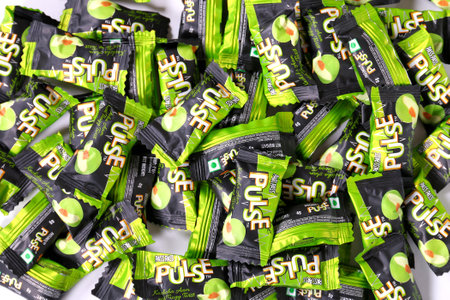 Novyy Urengoy, Russia - February 12, 2019: Many Indian candies Pass Pass Pulse Green Mango.
