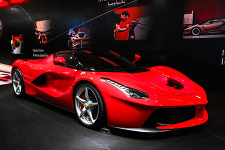 Abu Dhabi, UAE - November 17, 2018: Red supercar Ferrari LaFerrari in the theme park Ferrari World.のeditorial素材