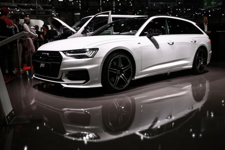 Geneva, Switzerland - March 10, 2019: White estate car Audi A6 ABT presented at the annual Geneva International Motor Show 2019.のeditorial素材
