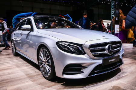 Geneva, Switzerland - March 11, 2019:  Motor car Mercedes-Benz S213 E450 presented at the annual Geneva International Motor Show 2019.のeditorial素材