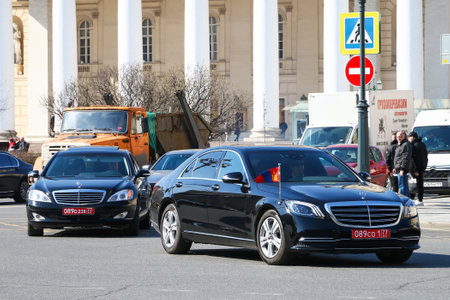 Moscow, Russia - April 19, 2019: Luxury motor car Mercedes-Benz W222 S-class in the city street.のeditorial素材