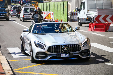 Monte-Carlo, Monaco - March 12, 2019: Luxury convertible car Mercedes-Benz R190 AMG GT in the city...