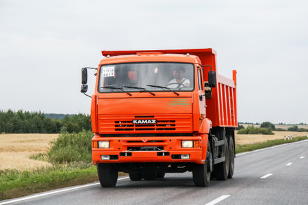 Tatarstan, Russia - August 20, 2011: Brand new dump truck Kamaz 6520 at the interurban road.のeditorial素材