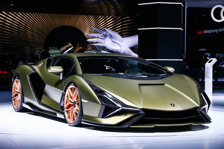 Frankfurt am Main, Germany - September 17, 2019: World premiere of the luxury supercar Lamborghini Sian FKP 37 at the Frankfurt Motor Show IAA 2019 (Internationale Automobil Ausstellung).のeditorial素材