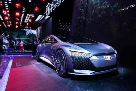 Frankfurt am Main, Germany - September 17, 2019: World premiere of the concept car Audi AI:Con at the Frankfurt Motor Show IAA 2019 (Internationale Automobil Ausstellung).のeditorial素材