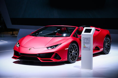 Frankfurt am Main, Germany - September 17, 2019: Luxury convertible supercar Lamborghini Huracan Evo...