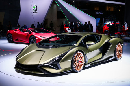 Frankfurt am Main, Germany - September 17, 2019: World premiere of the luxury supercar Lamborghini...