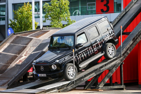 Frankfurt am Main, Germany - September 17, 2019: Luxury offroad car  Mercedes-Benz G-class (W463) taking part in the driving experiences at the Frankfurt International Motor Show IAA 2019 (Internationale Automobil Ausstellung).のeditorial素材