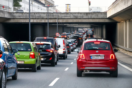Munich, Germany - September 20, 2019: Traffic jam in the city center.