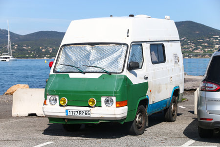 Saint-Tropez, France - September 11, 2019: Old cargo van in the city street.のeditorial素材