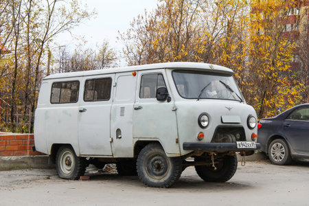 Novyy Urengoy, Russia - September 22, 2012: Old 4x4 van UAZ 3962 in the city street.のeditorial素材