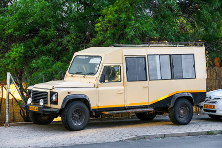 Windhoek, Namibia - February 5, 2020: Safari car Land Rover Defender in the city street.のeditorial素材