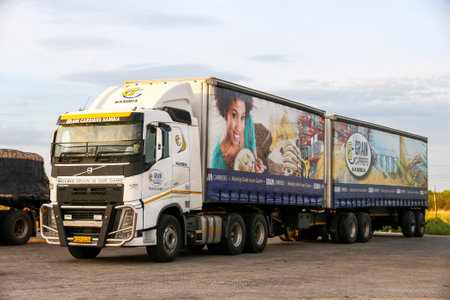 Tsumeb, Namibia - February 8, 2020: Semi-trailer truck Volvo FH12.440 in the town street.のeditorial素材