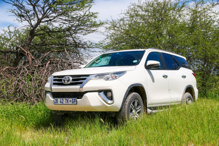 Etosha National Park, Namibia - February 7, 2020: Off-road car Toyota Fortuner in an African savanna.のeditorial素材