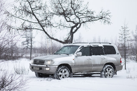 Novyy Urengoy, Russia - November 4, 2020: Offroad car Toyota Land Cruiser J100 in the snow covered wood.のeditorial素材
