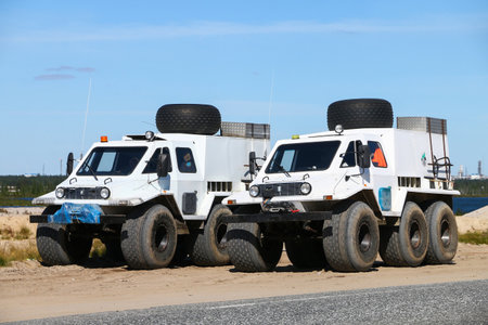 Novyy Urengoy, Russia - July 25, 2020: All-terrain trucks on the low-pressure tyres Trekol 39292 at...
