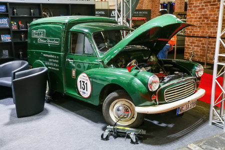 Frankfurt am Main, Germany - September 17, 2019: Green retro delivery van Morris Quarter Ton presented at the Frankfurt International Motor Show IAA 2019 (Internationale Automobil Ausstellung).のeditorial素材