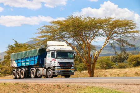 Nakuru County, Kenya - January 31, 2021: Semi-trailer dump truck Mercedes-Benz Axor at the interurban road.のeditorial素材