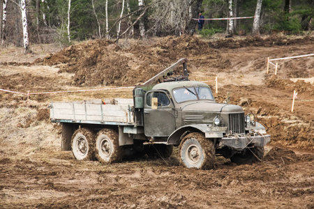 Minyar, Russia - April 24, 2021: Soviet offroad truck ZiL 157K in the dirt.のeditorial素材