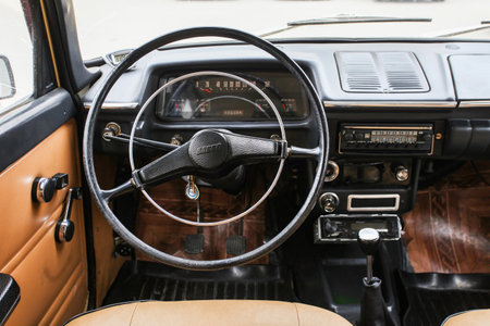 Novyy Urengoy, Russia - June 5, 2021: Interior of the retro car Izh Moskvich 412.