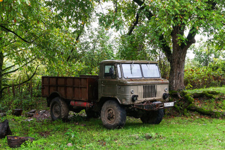 Tusheti, Georgia - October 6, 2021: Soviet army truck GAZ-66 in a green wood.のeditorial素材