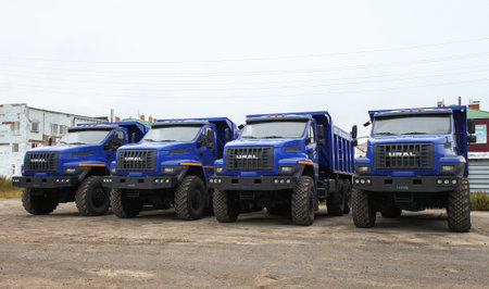 Novyy Urengoy, Russia - August 28, 2021: Brand new offroad dump trucks Ural-55571 Next in a city street.のeditorial素材