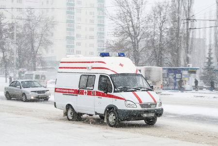 Ufa, Russia - January 14, 2009: Ambulance car GAZ 32216 Gazelle in a city street.のeditorial素材
