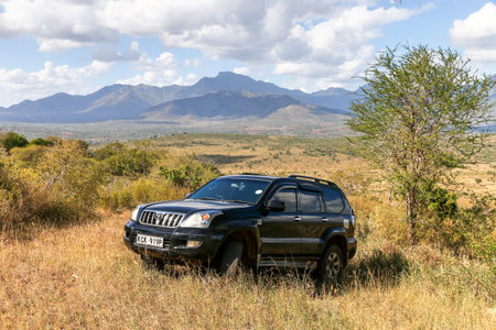 Taita Hills, Kenya - February 3, 2021: Black offroad car Toyota Land Cruiser Prado 120 climbing the dry hill.のeditorial素材