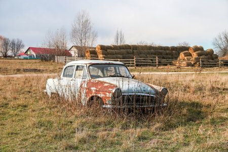 Krasnyy Voskhod, Russia - October 17, 2021: Old Soviet car GAZ 21 Volga in an agricultural field.のeditorial素材
