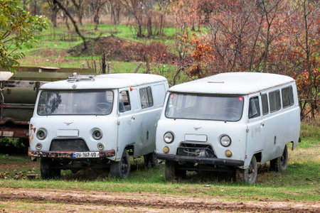 Kakheti, Georgia - October 9, 2021: Old grey 4x4 vans UAZ 3962 at a countryside.のeditorial素材