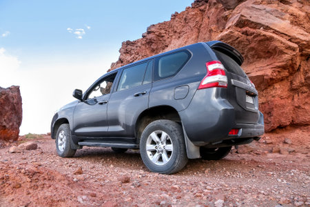 Errachidia, Morocco - September 26, 2019: Black offroad car Toyota Land Cruiser Prado 150 near the...