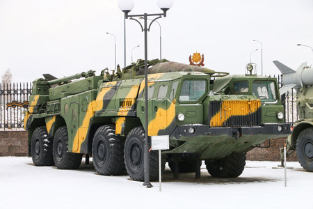Verkhnyaya Pyshma, Russia - October 26, 2021: Russian rocket launcher 9P117 of the 9K72 Elbrus missile system (R-300) mounted on the MAZ-543 Uragan truck chassis in the UMMC Museum of Military and Automotive Equipment.のeditorial素材