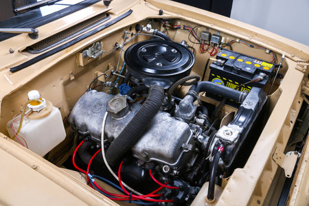 Novyy Urengoy, Russia - March 20, 2022: Engine UZAM 412 in the Soviet classic car Izh Moskvitch...