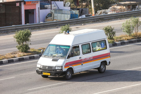 Jaipur, India - March 2, 2022: Ambulance vehicle Tata Winger at an intercity road.のeditorial素材