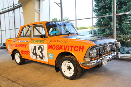 Moscow, Russia - August 19, 2014: Vintage rally car Izh Moskvitch 412 at the Automotive Industry exhibition.のeditorial素材