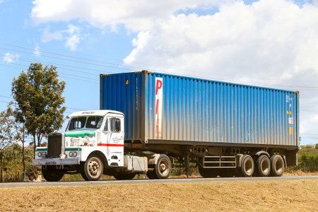 Nakuru County, Kenya - January 31, 2021: Container truck Leyland Super Hippo at an interurban road.