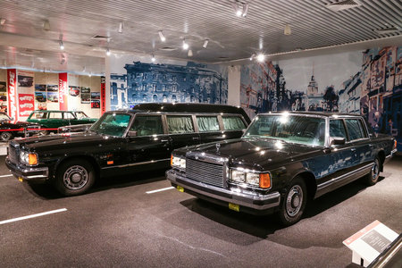 Verkhnyaya Pyshma, Russia - September 14, 2021: Soviet governmental luxury sedan ZIL 41041 and sanitary car ZIL 41042 Black Doctor in the UMMC Museum of Military and Automotive Equipment.のeditorial素材
