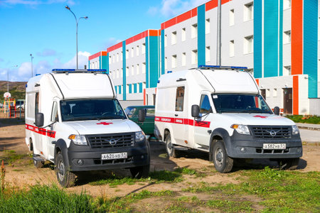 Teriberka, Russia - August 17, 2020: New ambulance vehicles UAZ 236022 Profi in a village street.のeditorial素材