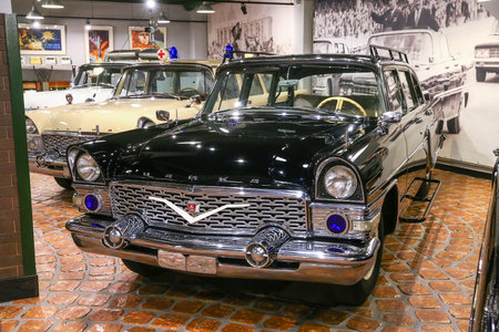 Moscow, Russia - March 6, 2022: Soviet government limousine GAZ-13 Chaika in the Technical museum of...