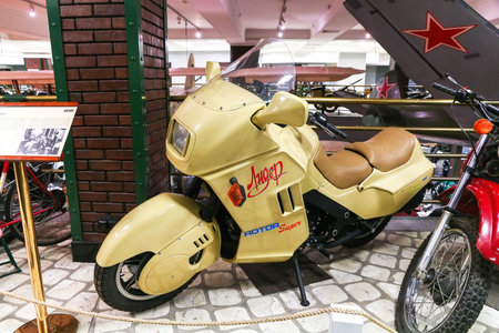 Moscow, Russia - March 6, 2022: Prototype of the Soviet cortege and patrol service motorcycle Izh Leader equipped with a Wankel engine in the Technical Museum of Vadim Zadorozhny.のeditorial素材