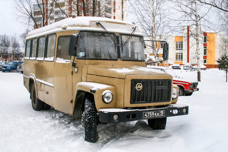 Asha, Russia - February 16, 2008: Brown bus KAvZ 3976 in a city street.