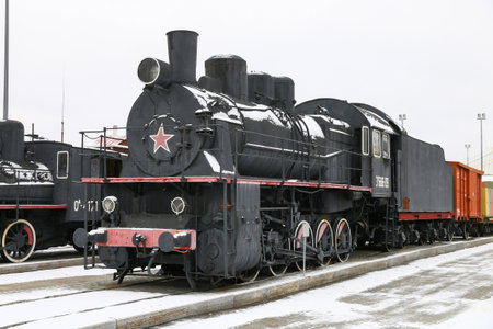 Verkhnyaya Pyshma, Russia - October 26, 2021: Soviet steam locomotive Eu686-09 in the UMMC Museum of Military and Automotive Equipment.のeditorial素材