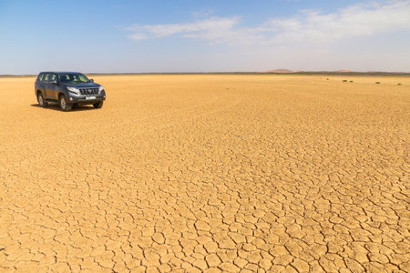 Merzouga, Morocco - September 25, 2019: Black offroad vehicle Toyota Land Cruiser Prado 150 on a cracked sand of the Sahara desert.のeditorial素材