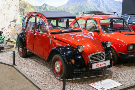 Moscow, Russia - March 6, 2022: French classic minicar Citroen 2CV in the Car History Museum.